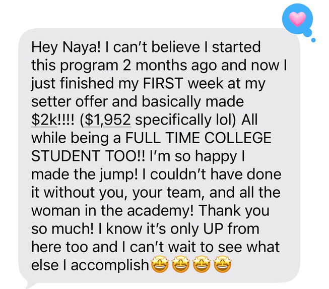 Student sharing she made $1,952 in her first week as a setter